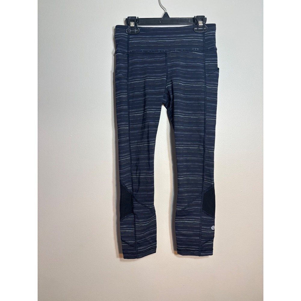 Lululemon Run Speed Crop Leggings Navy Blue Stripe Mesh Panel Size 4